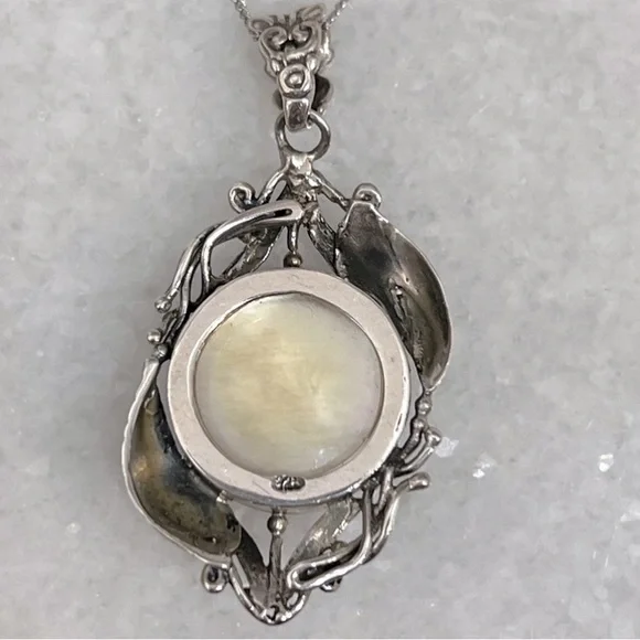 Mabe Pink Pearl Sterling Silver Openwork Leaf Pendant 20” Necklace - Picture 9 of 12